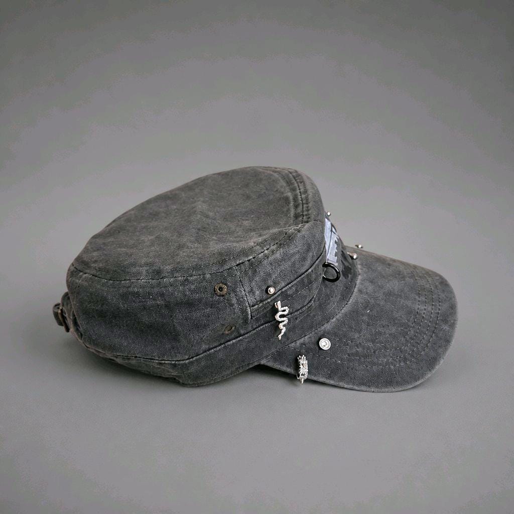 Hand Painted Skull Military Cap with Stainless Steel Embellishments