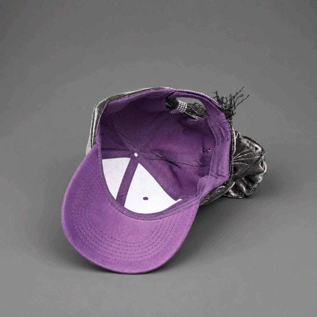 Sparkly Purple & Metallic Silver Glam Baseball Cap With Attached Fringe Scarf