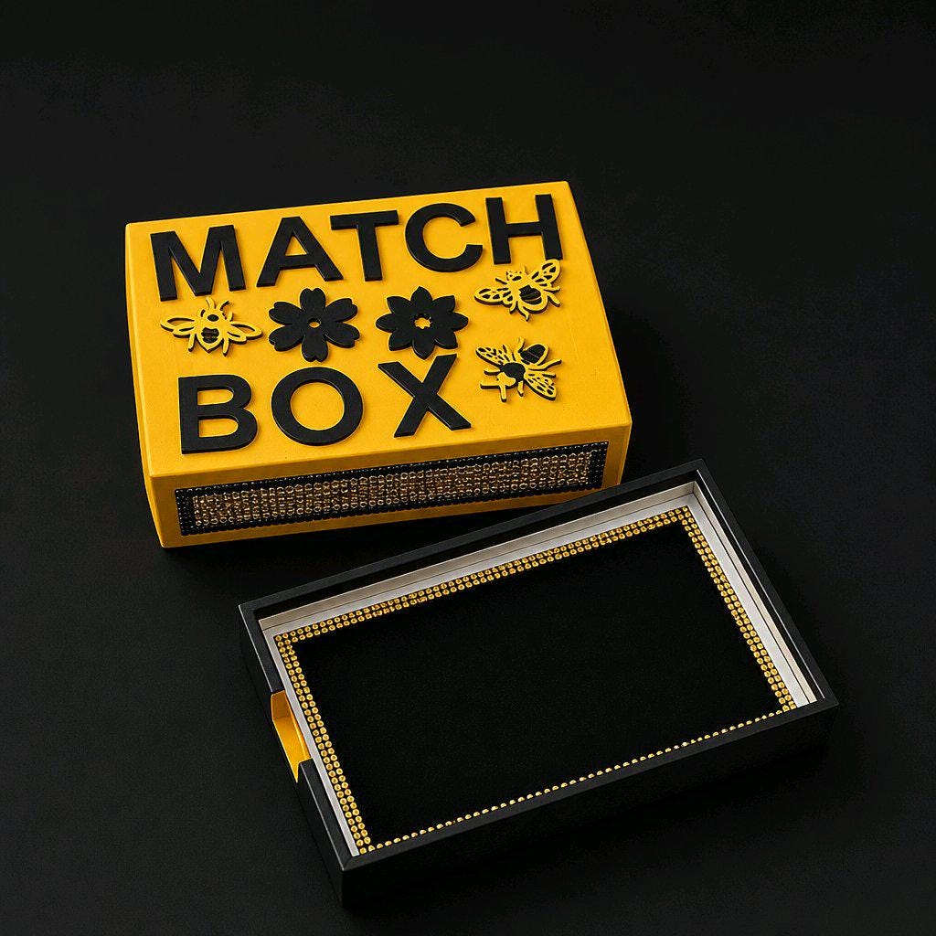 Handmade Wooden Matchbox Holder – Yellow & Black Bumblebee Rhinestone Decorative Sleeve Cover