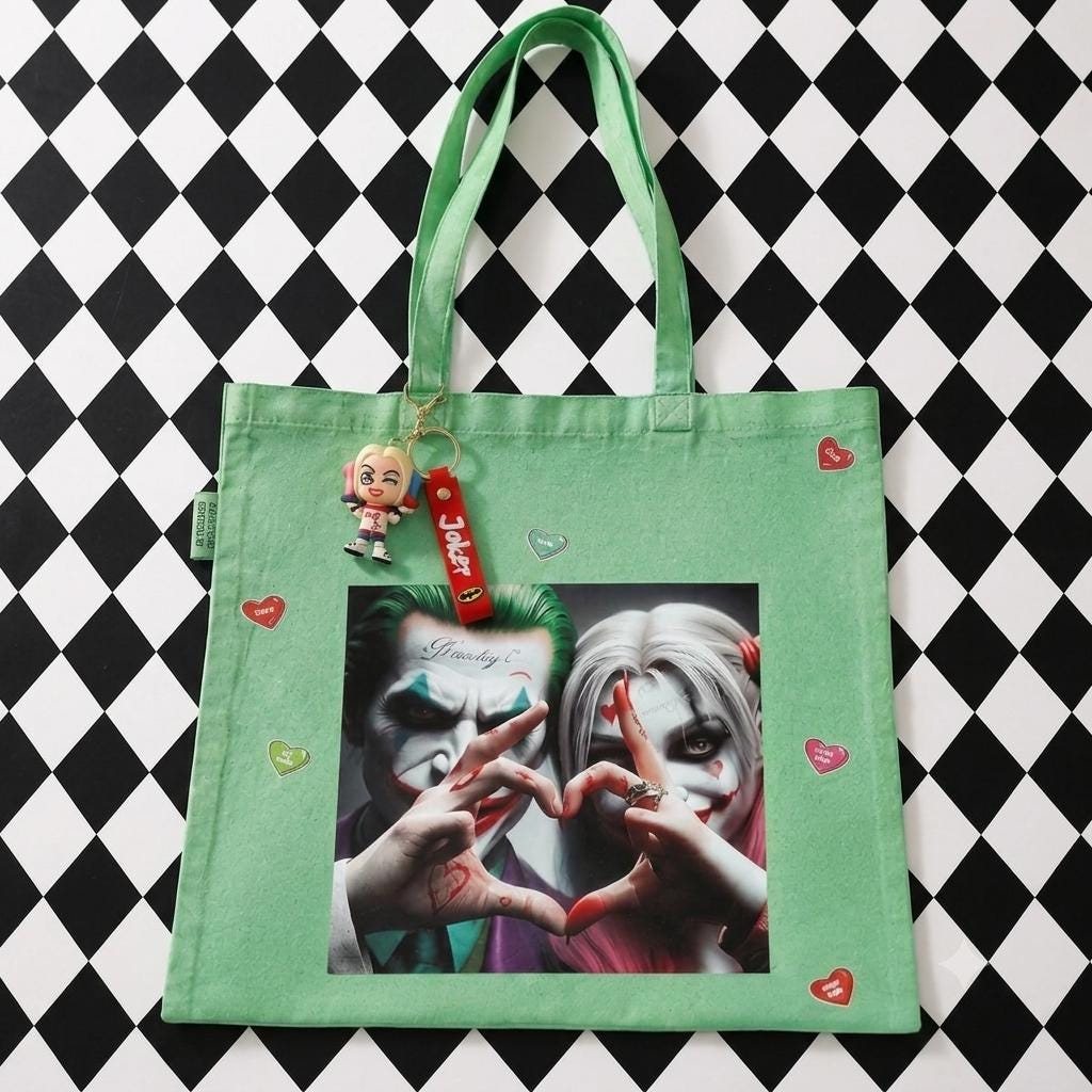 Suicide Squad Themed Green Washed Canvas Tote Bag 100% Cotton + Harley Quinn Key Charm