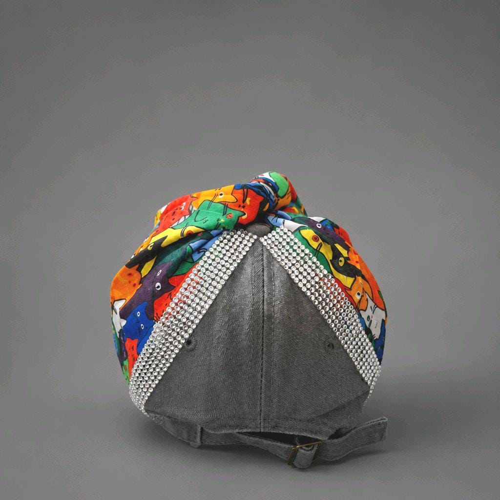 Brand New Style Cat Print Scarf Grey Denim Baseball Cap Colourful