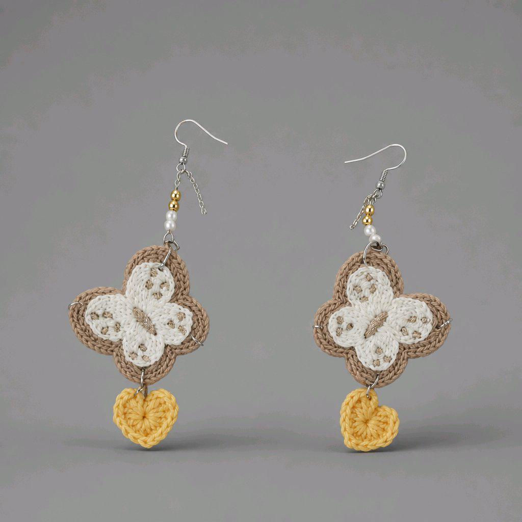 Handmade Crochet Butterfly Earrings with Yellow Heart Dangles | 4.5 Inch Boho Statement Earrings | Earthy Cottagecore
