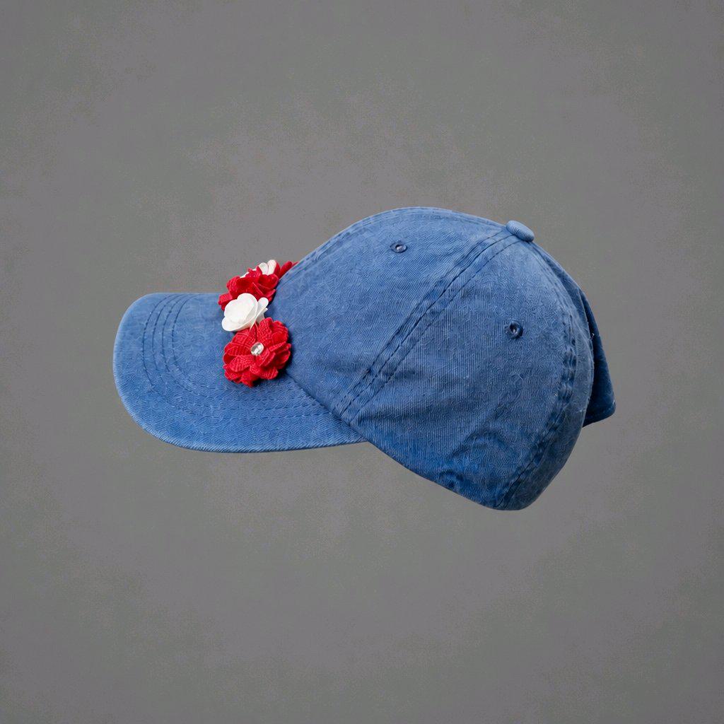Blue/Red/White Floral Denim Washed Out Baseball Cap