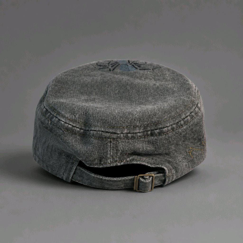 Hand Painted Grey/Green Washed Out Denim Spider Cadet Cap Gothic Alt Fashion