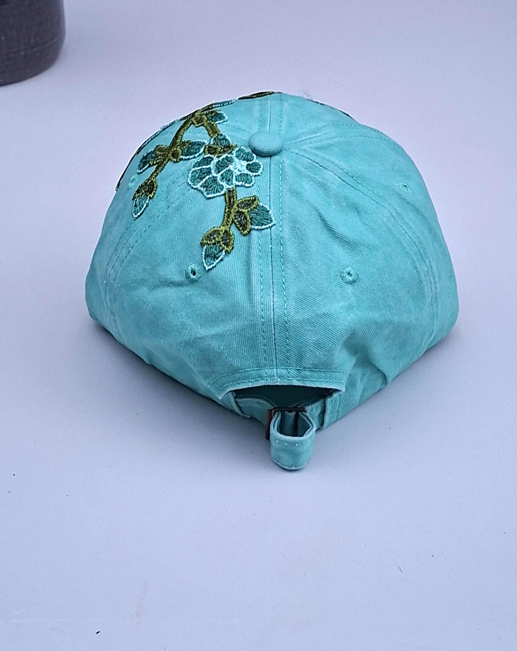 Womens Mint Green Distressed Cotton Baseball Cap With Floral Embroidery Patch