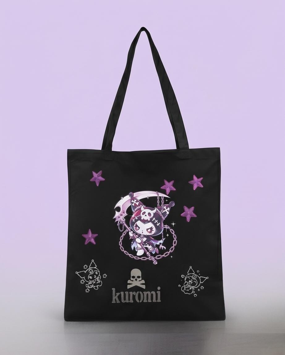 Personalised Black Kuromi Cotton Hand Crafted Tote Bag Hand Painted + Add Name