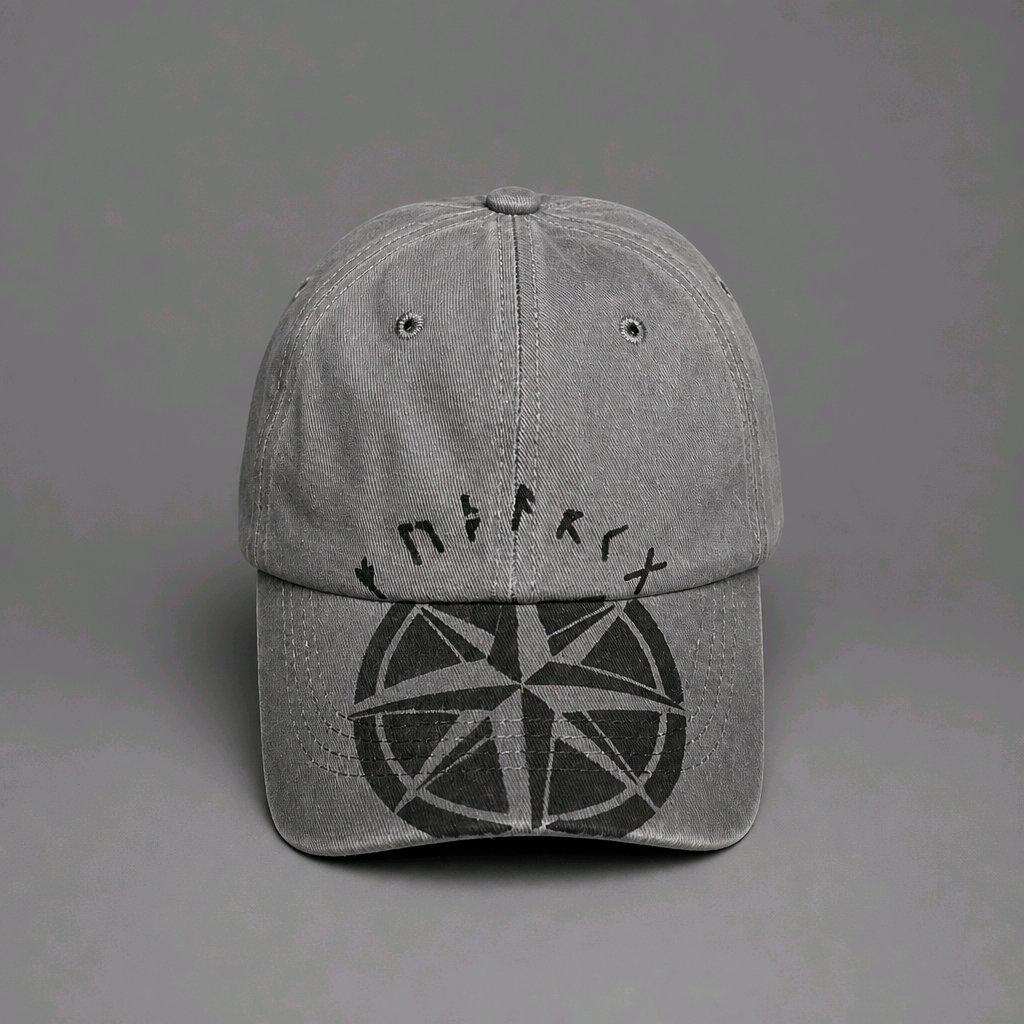 Viking Rune Compass Baseball Cap Washed Grey Denim