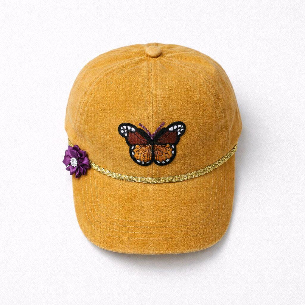 Handcrafted Monarch Butterfly Embroidery Patch Cap | Mustard Washed Cotton Denim | Purple Flower & Gold Rope Trim | Adjustable