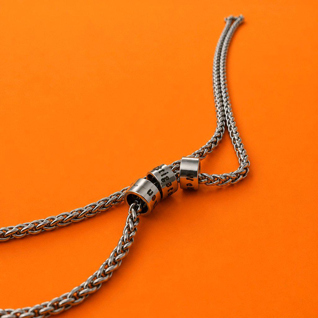 Stainless Steel Chunky Braid Chain Necklace with Engraved Barrels | 20 Inch Custom Steel Chain, Men's Jewelry, Ren Webby Instigator Charms