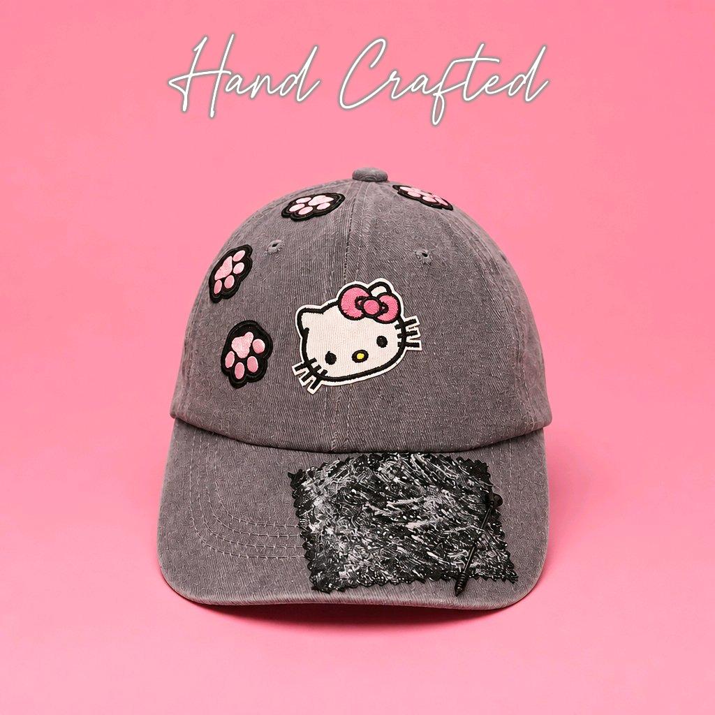 Hello Kitty Grey Distressed Denim Baseball Cap Cotton Chic Cap Retro Festival