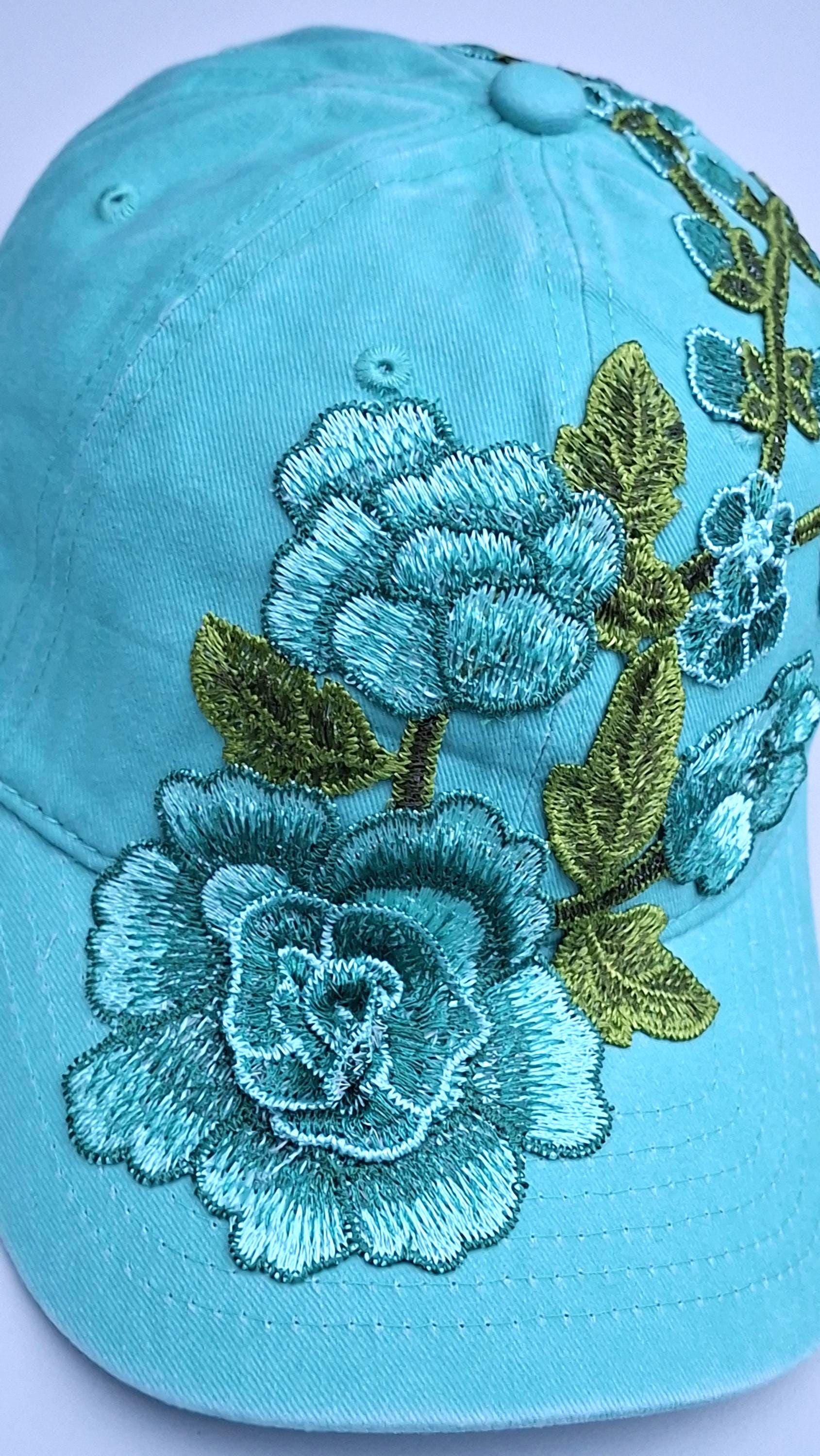 Womens Mint Green Distressed Cotton Baseball Cap With Floral Embroidery Patch