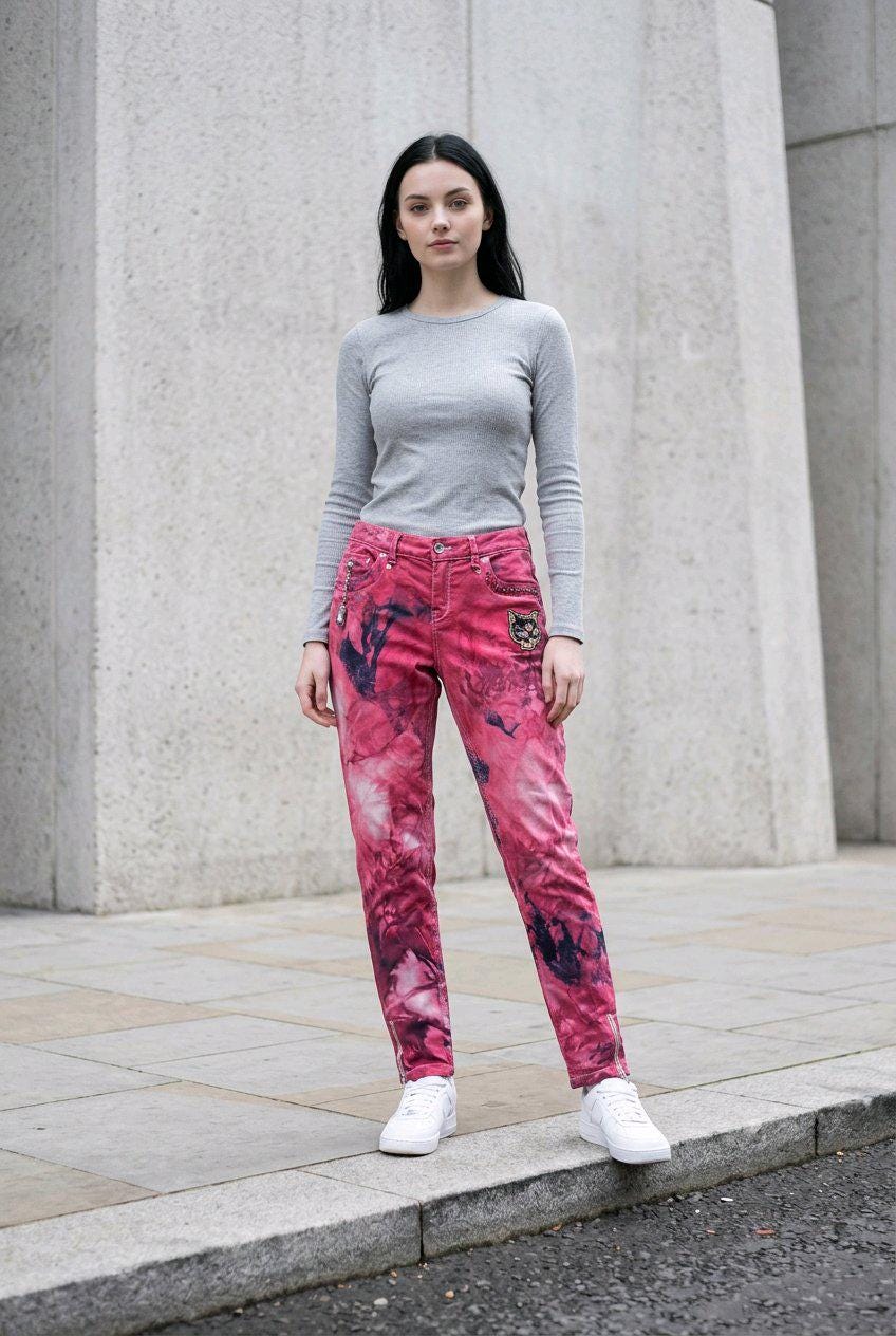 Upcycled Ted Baker Pink Acid Wash Jeans W30 L30 - Gothic Black Cat Patch, Rhinestones, Potion Vial Charm, Ankle Zips, Whimsi goth Alt Denim