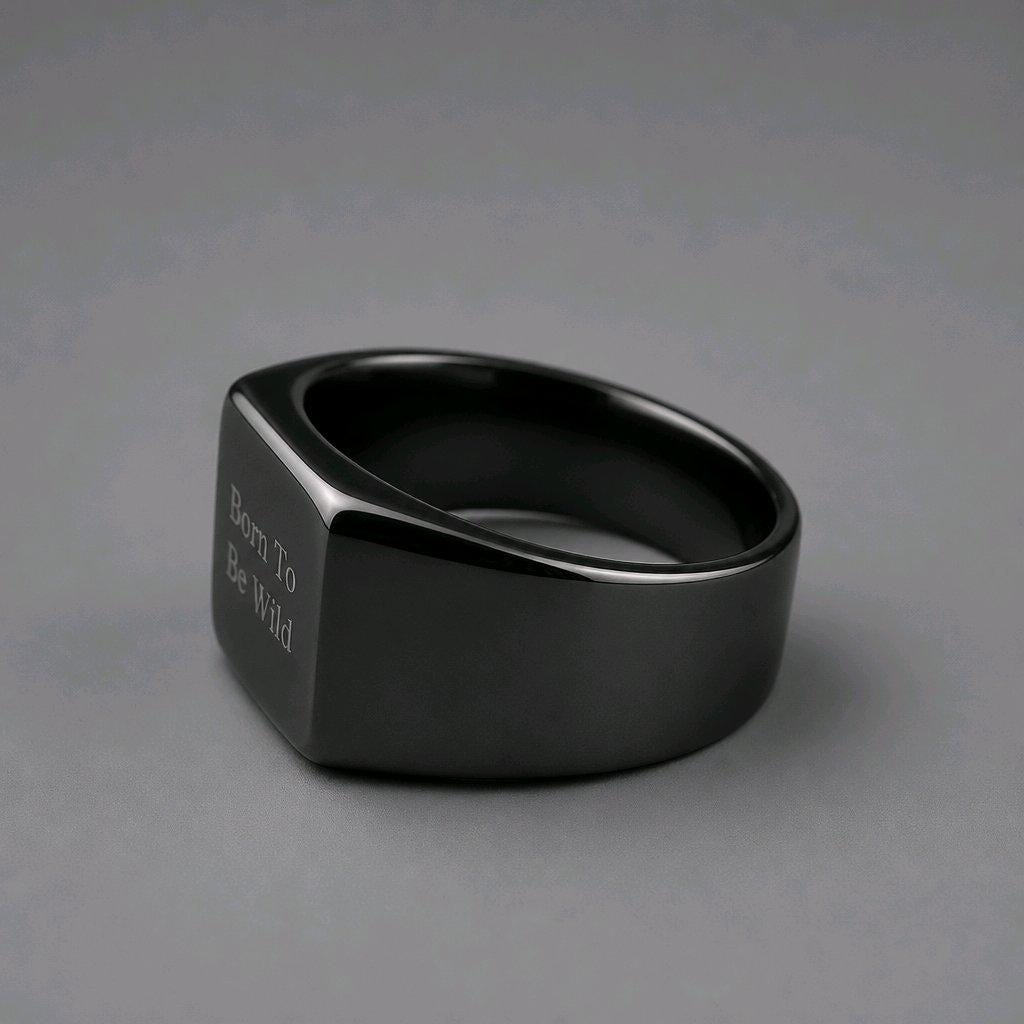 Black Stainless Steel Signet Ring Engraved "Born To Be Wild" | UK Size U | Chunky Gothic Biker Statement Jewelry