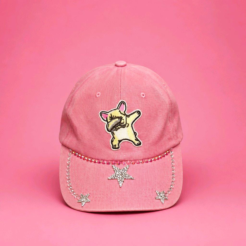 Pink French Bulldog Baseball Cap, Rhinestone Dabbing Frenchie Dad Hat, Sparkly Dog Lover Gift