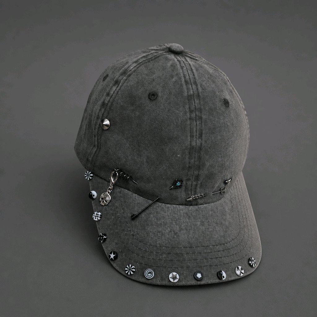 Gothic Studded Baseball Cap, Pierced Distressed Denim Hat, Alt Cyber Y2K Grunge Festival, Piercing & Skull Charm Washed Cotton
