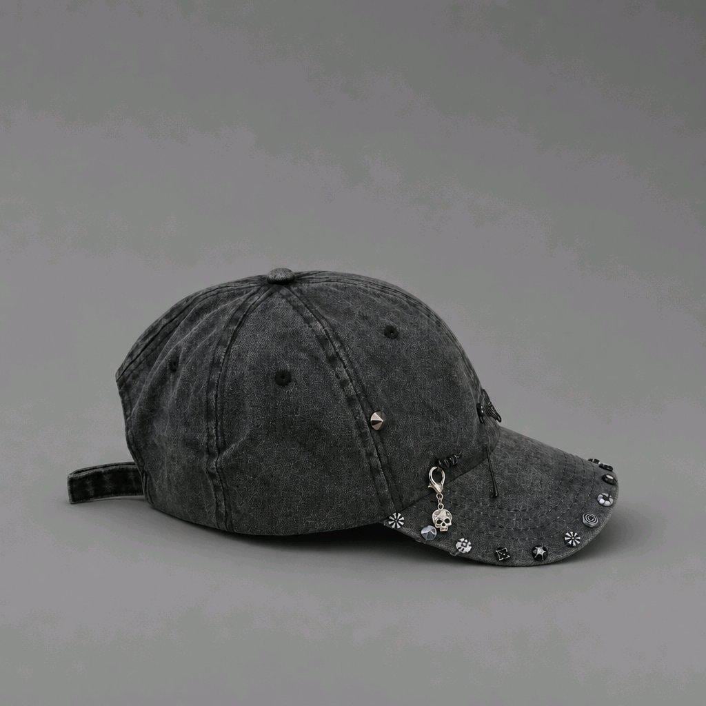 Gothic Studded Baseball Cap, Pierced Distressed Denim Hat, Alt Cyber Y2K Grunge Festival, Piercing & Skull Charm Washed Cotton