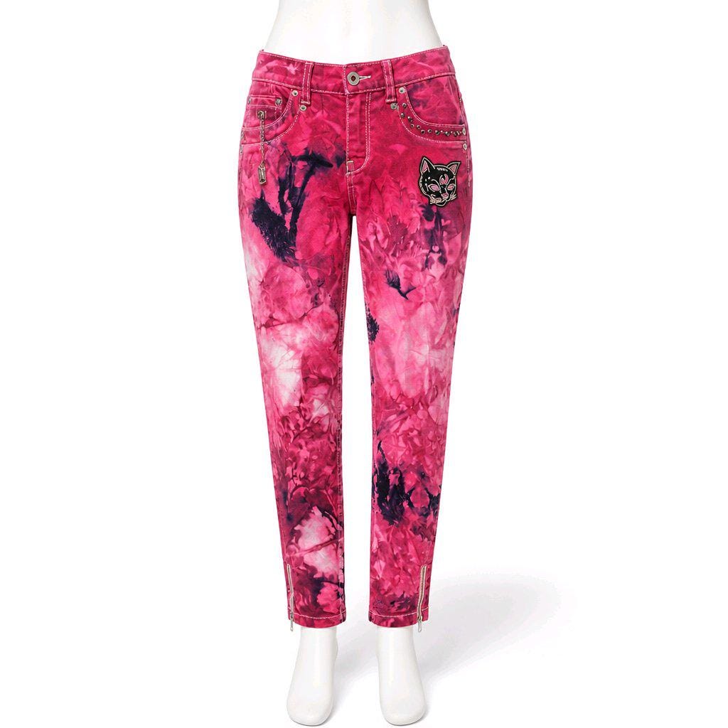 Upcycled Ted Baker Pink Acid Wash Jeans W30 L30 - Gothic Black Cat Patch, Rhinestones, Potion Vial Charm, Ankle Zips, Whimsi goth Alt Denim