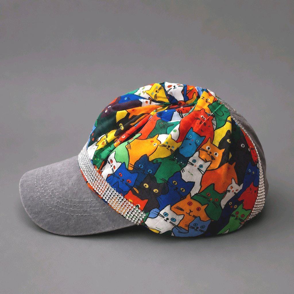 Brand New Style Cat Print Scarf Grey Denim Baseball Cap Colourful