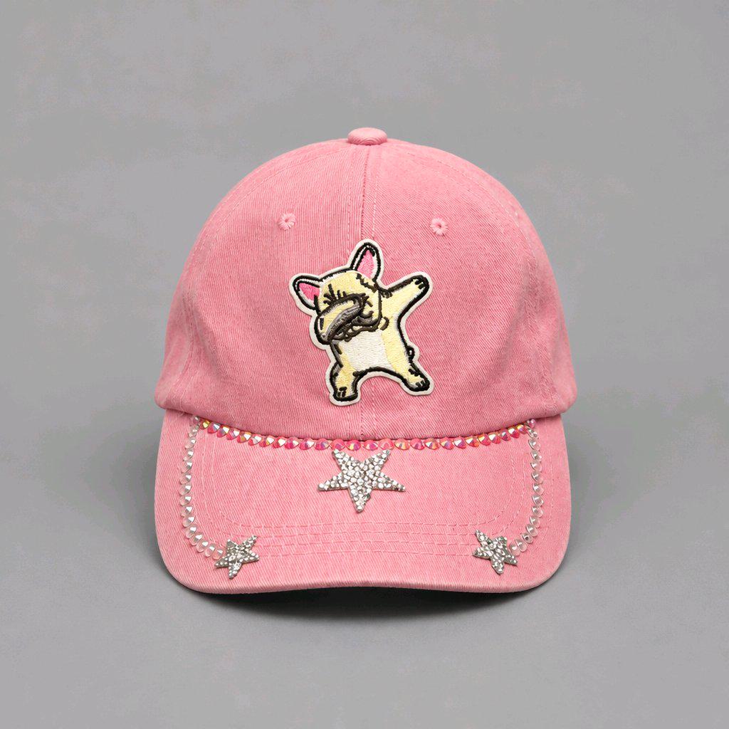Pink French Bulldog Baseball Cap, Rhinestone Dabbing Frenchie Dad Hat, Sparkly Dog Lover Gift