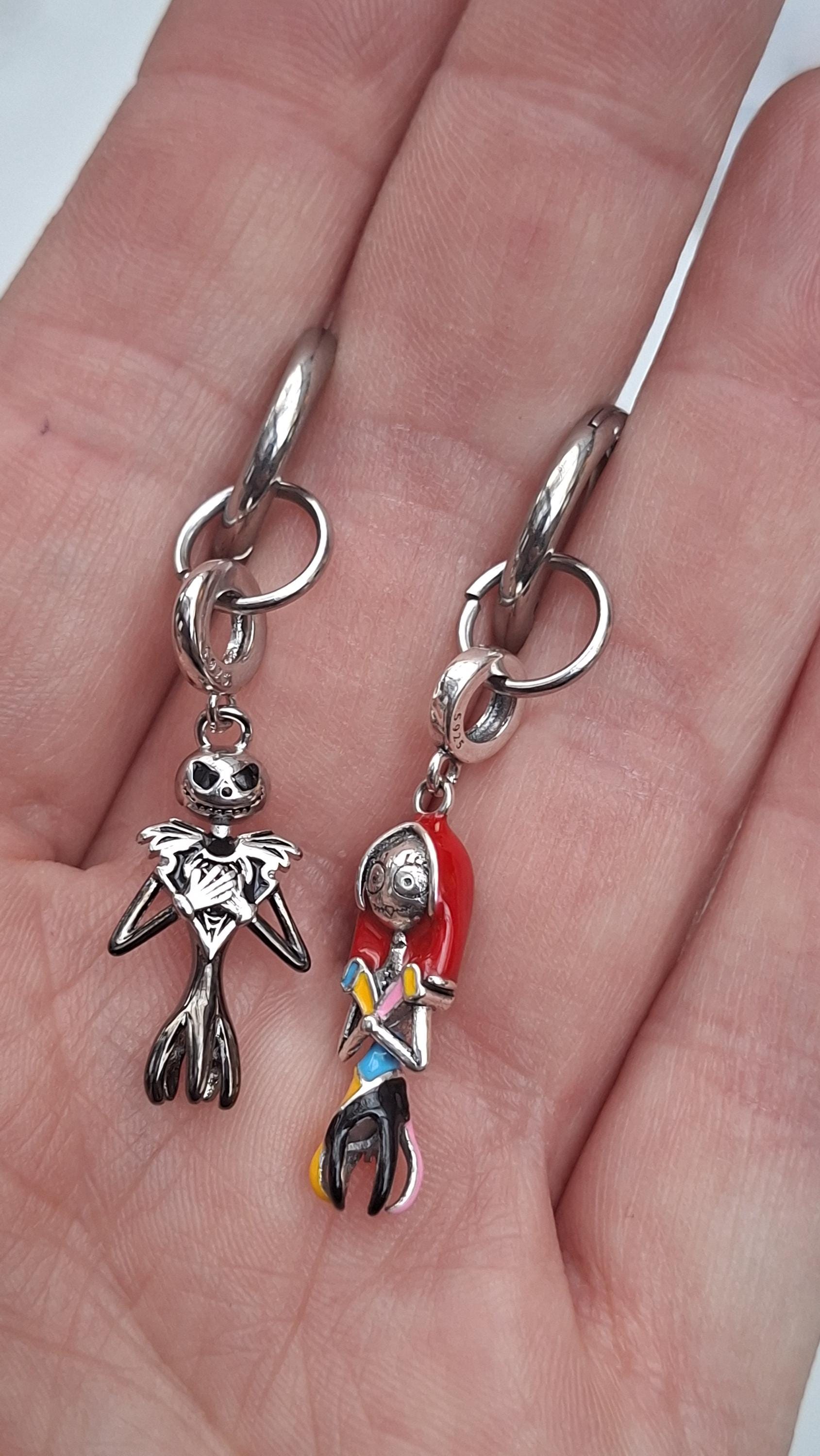 Spooky Couple Drop Hoop Earrings • Stamped S925 Silver Mismatched Dangle Earrings • Stainless Steel Clicker Hoops • Alternative Gothic Gift