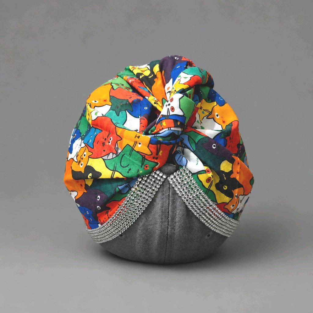 Brand New Style Cat Print Scarf Grey Denim Baseball Cap Colourful