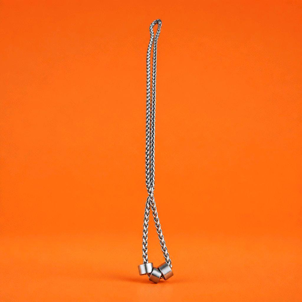 Stainless Steel Chunky Braid Chain Necklace with Engraved Barrels | 20 Inch Custom Steel Chain, Men's Jewelry, Ren Webby Instigator Charms