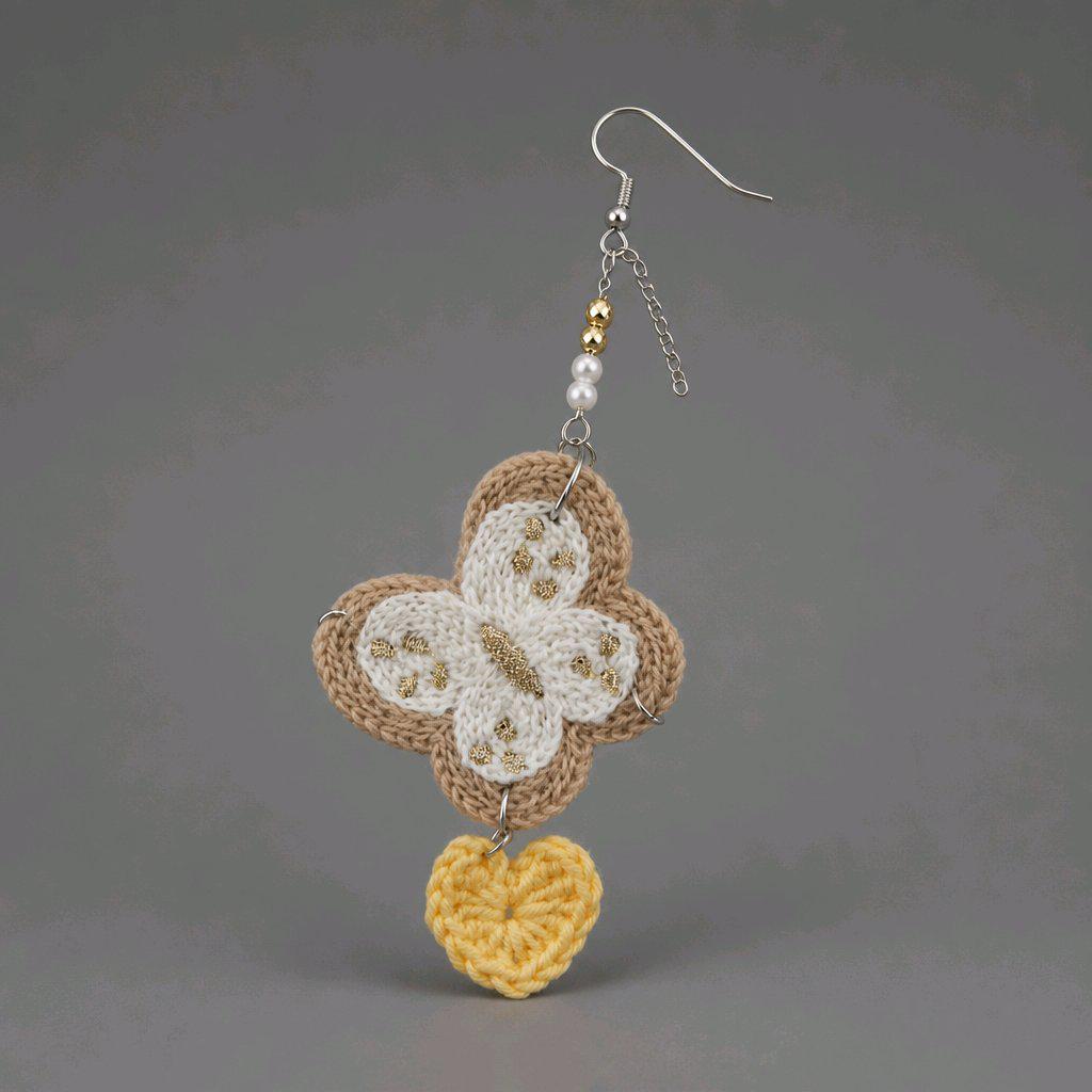 Handmade Crochet Butterfly Earrings with Yellow Heart Dangles | 4.5 Inch Boho Statement Earrings | Earthy Cottagecore