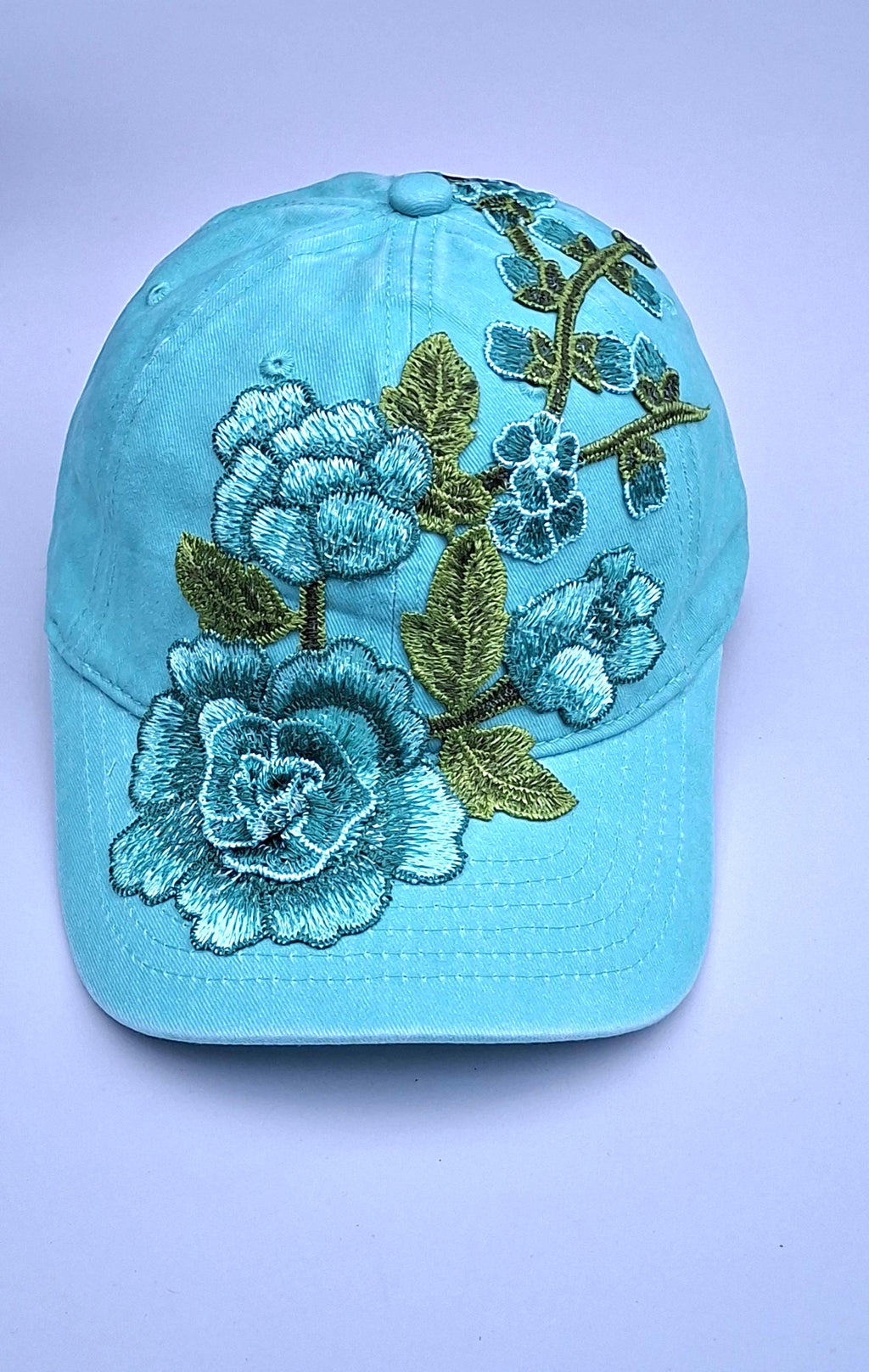 Womens Mint Green Distressed Cotton Baseball Cap With Floral Embroidery Patch