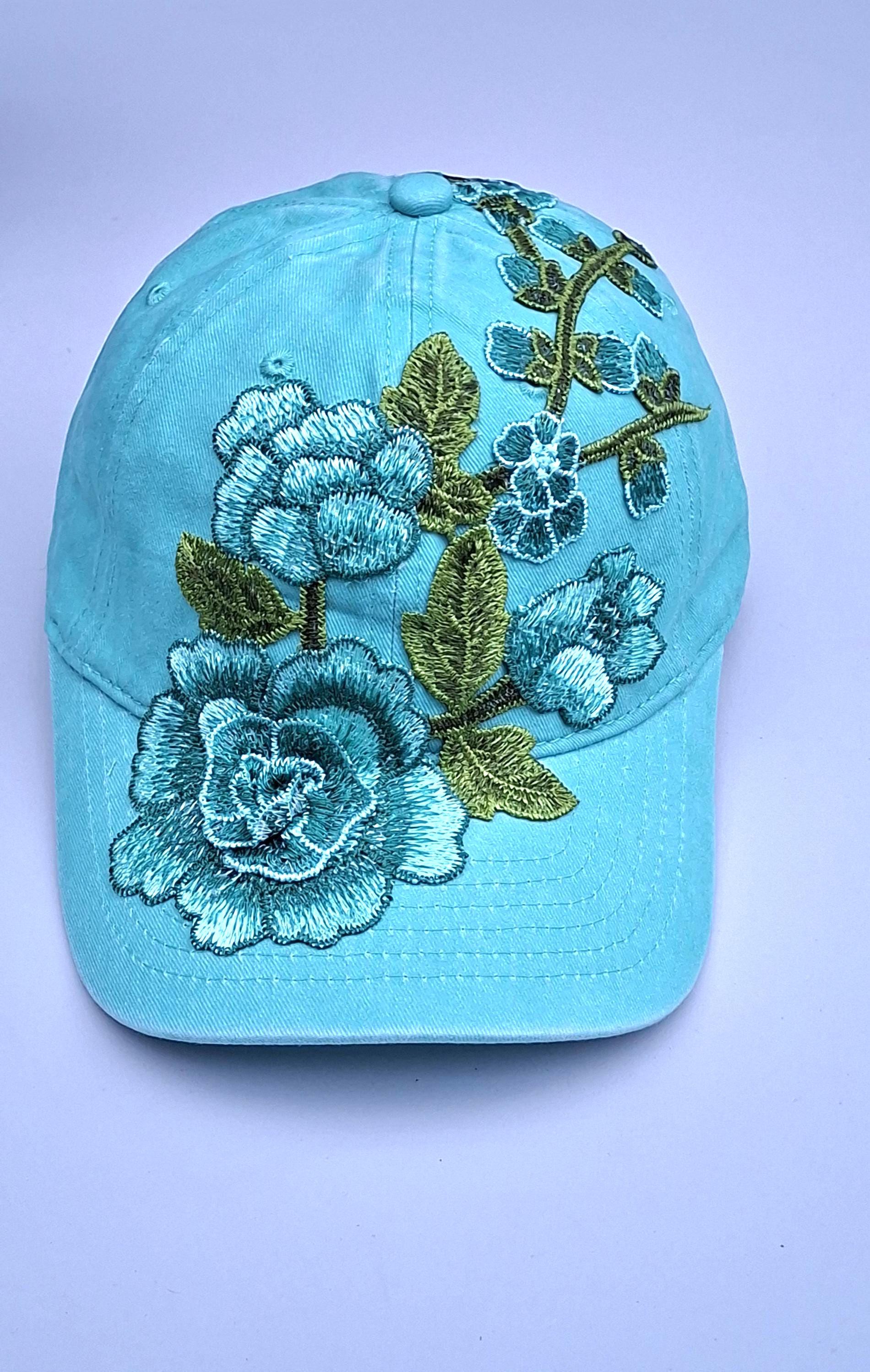 Womens Mint Green Distressed Cotton Baseball Cap With Floral Embroidery Patch