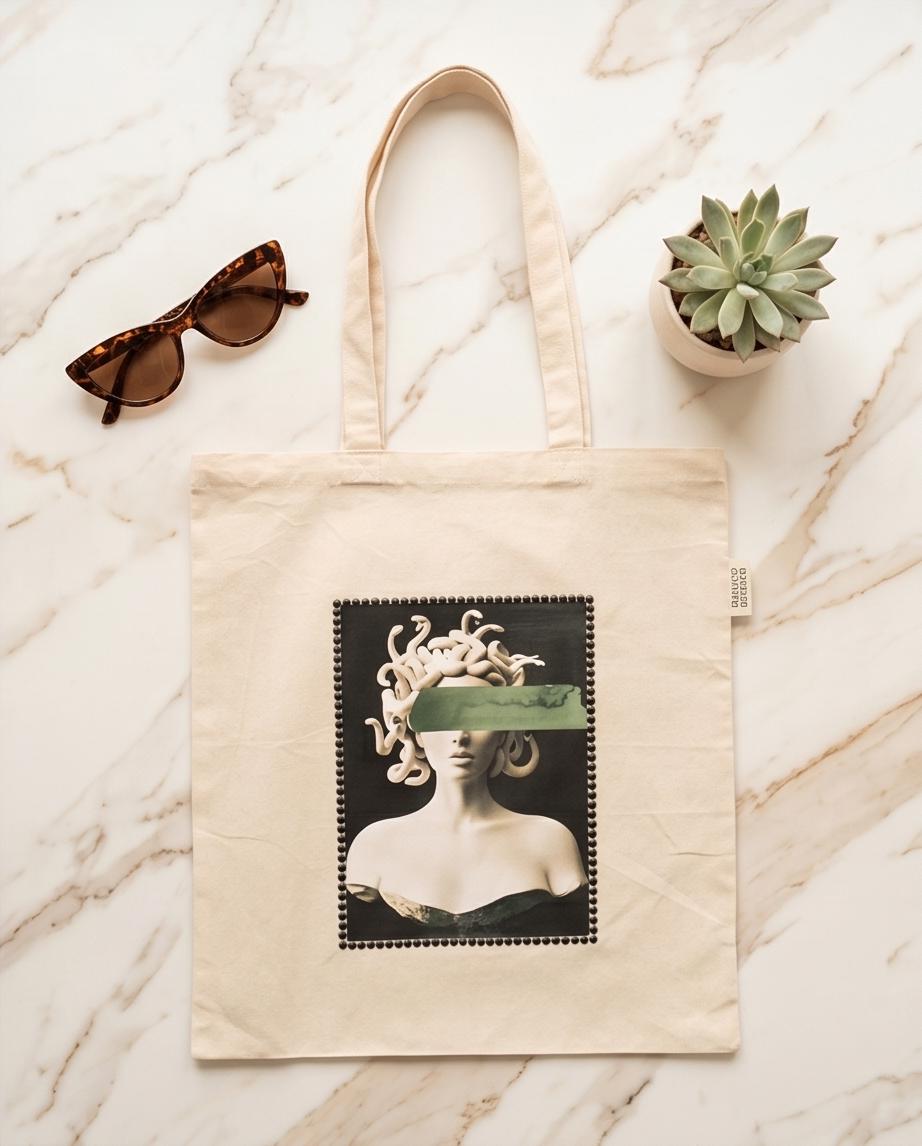 Eco Friendly Canvas Medusa Tote Shoulder Bag With Obsidian Stone 100% Recycled Cotton