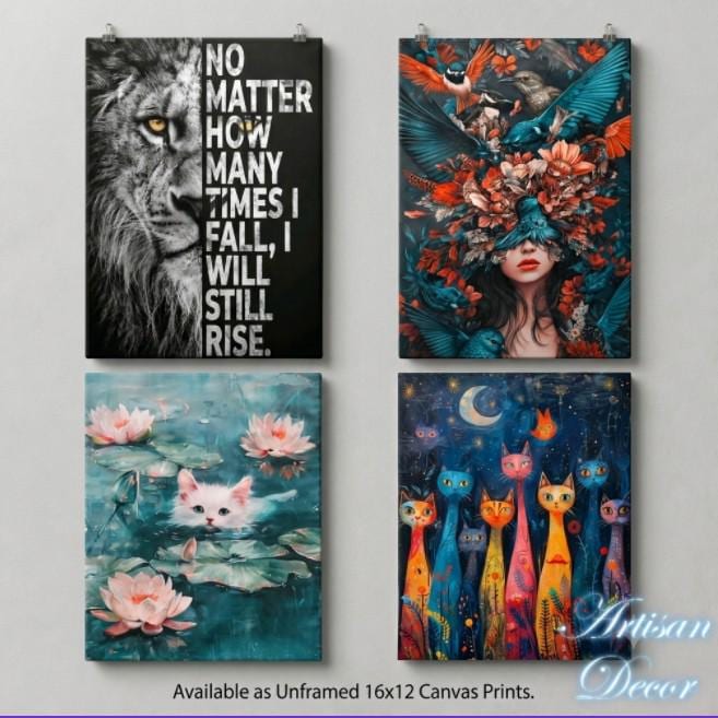 Modern Canvas Prints 16x12, Whimsical Cat Art, Surreal Floral Portrait, Motivational Lion Quote, Cute Kitten Water Lily, Unframed Wall Decor