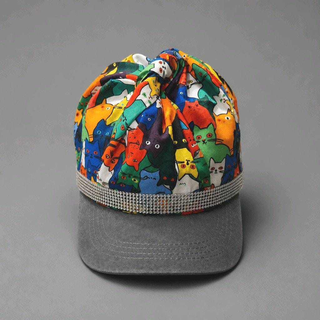 Brand New Style Cat Print Scarf Grey Denim Baseball Cap Colourful
