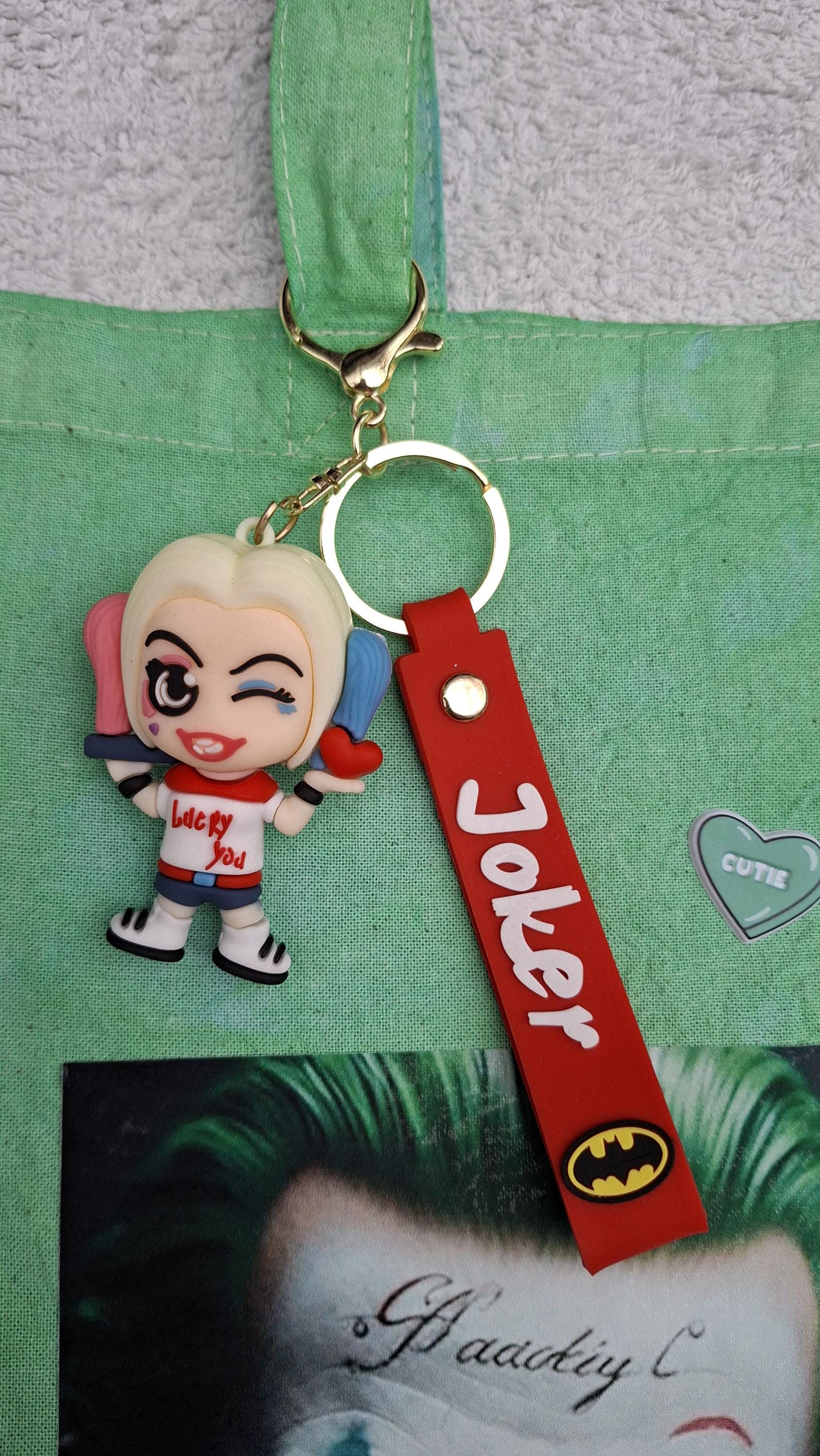 Suicide Squad Themed Green Washed Canvas Tote Bag 100% Cotton + Harley Quinn Key Charm