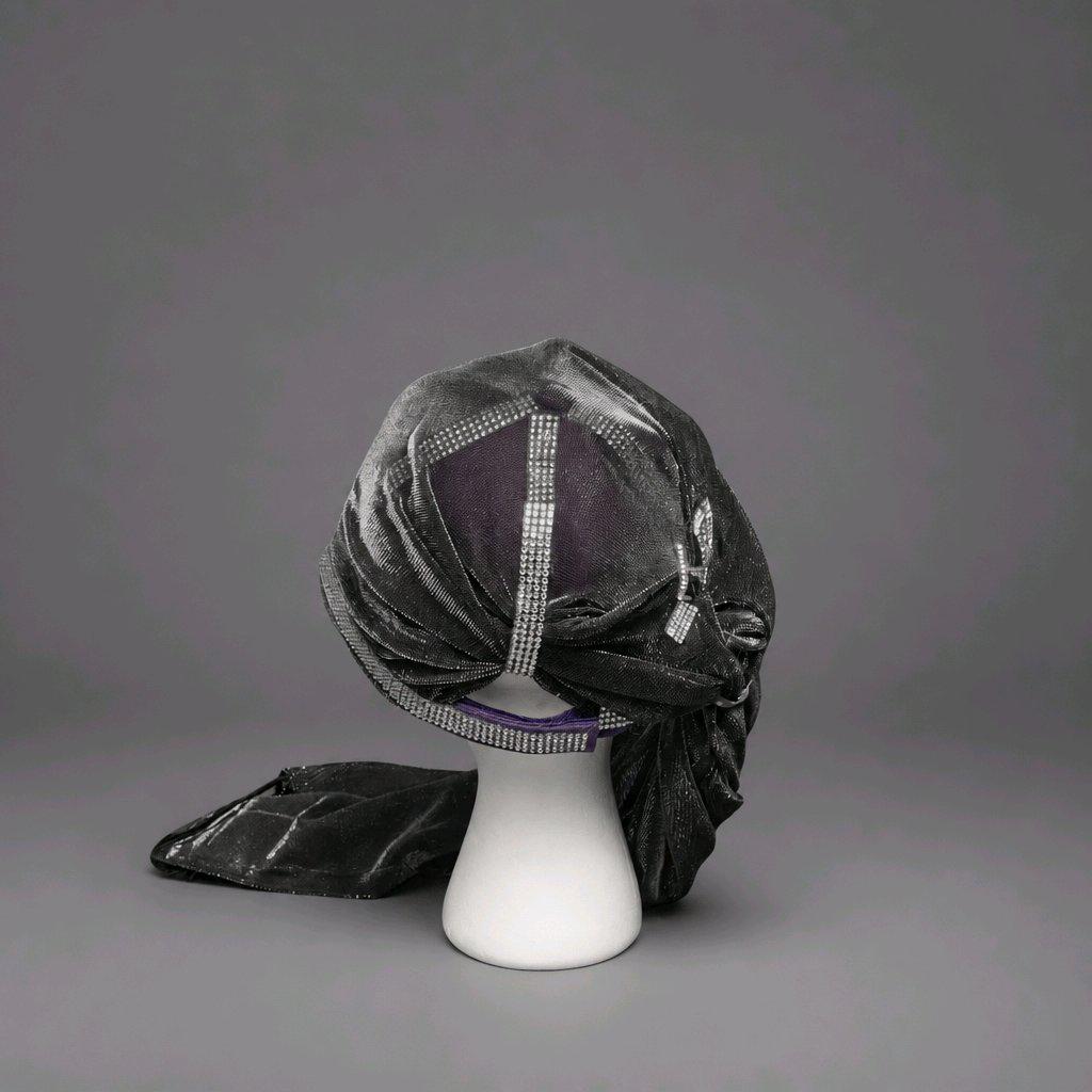 Sparkly Purple & Metallic Silver Glam Baseball Cap With Attached Fringe Scarf