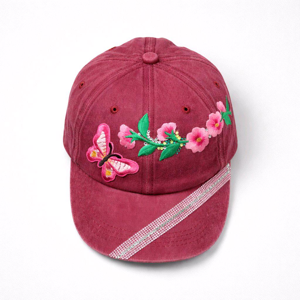 Butterfly & Cherry Blossom Embroidery Patch Cotton Denim Cap | Rhinestone Trim | Rose Berry