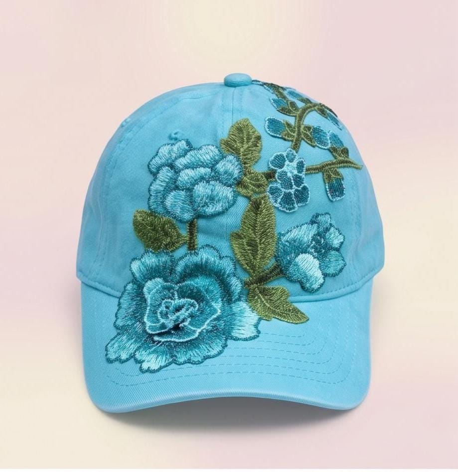 Womens Mint Green Distressed Cotton Baseball Cap With Floral Embroidery Patch