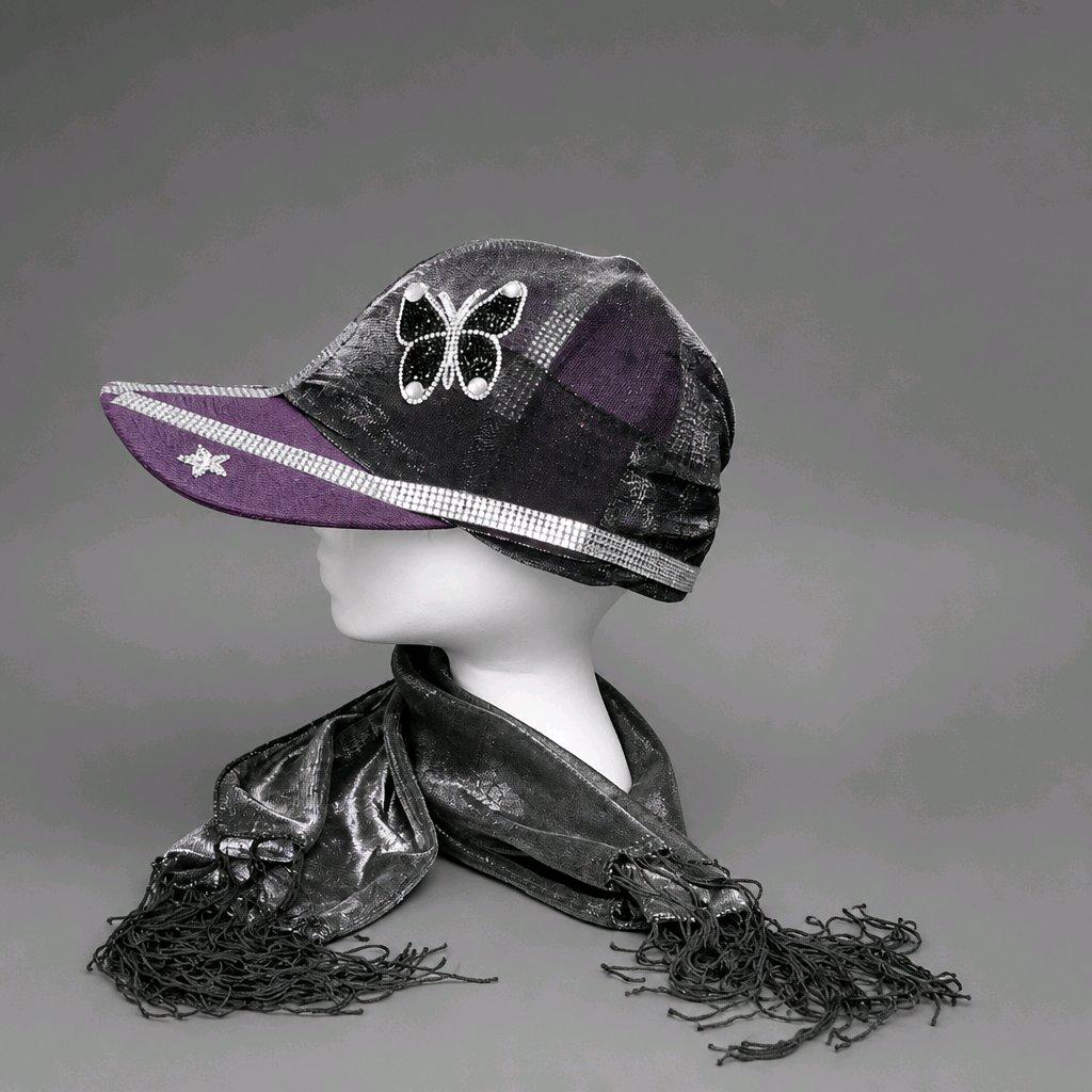 Sparkly Purple & Metallic Silver Glam Baseball Cap With Attached Fringe Scarf