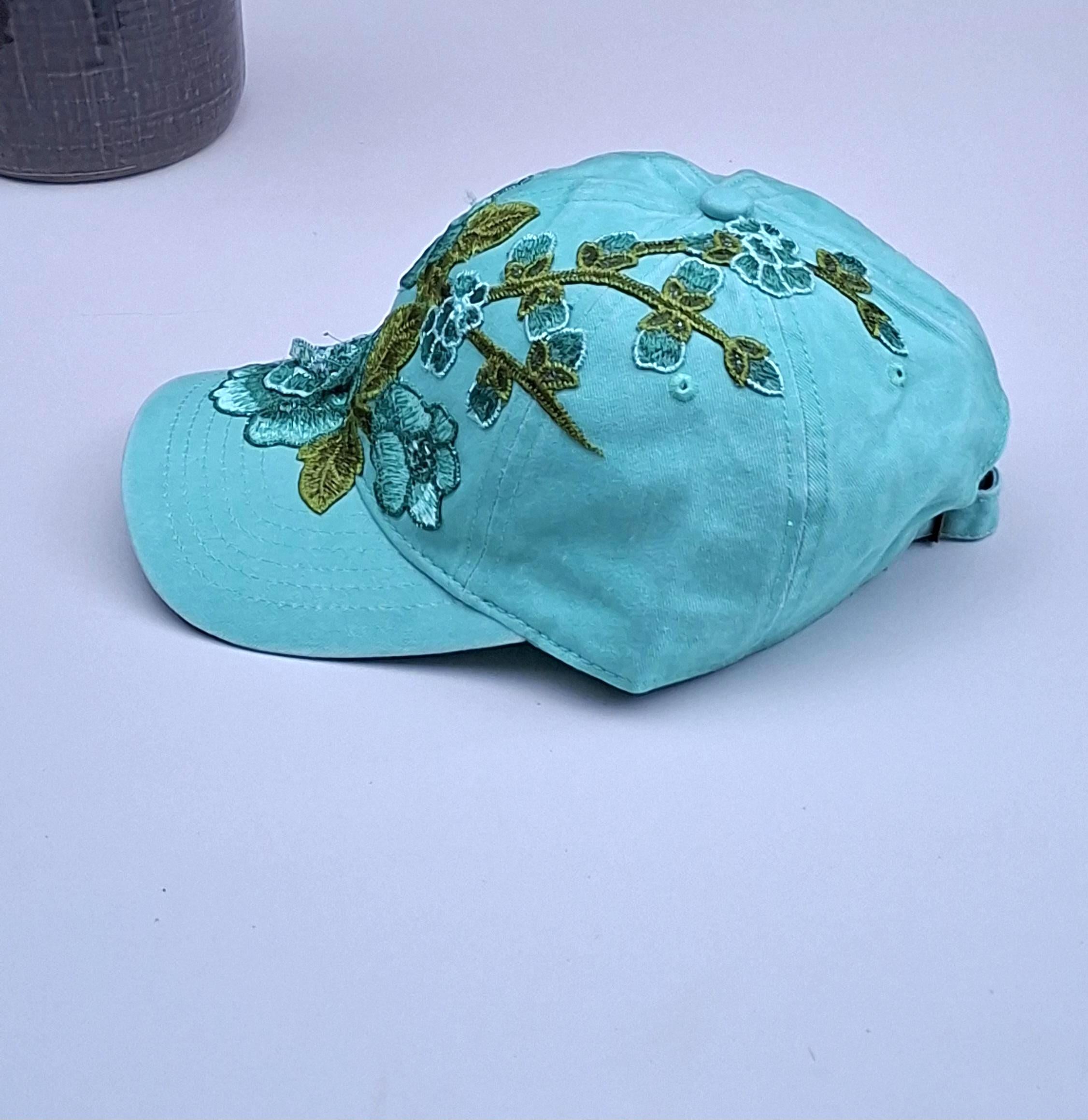 Womens Mint Green Distressed Cotton Baseball Cap With Floral Embroidery Patch