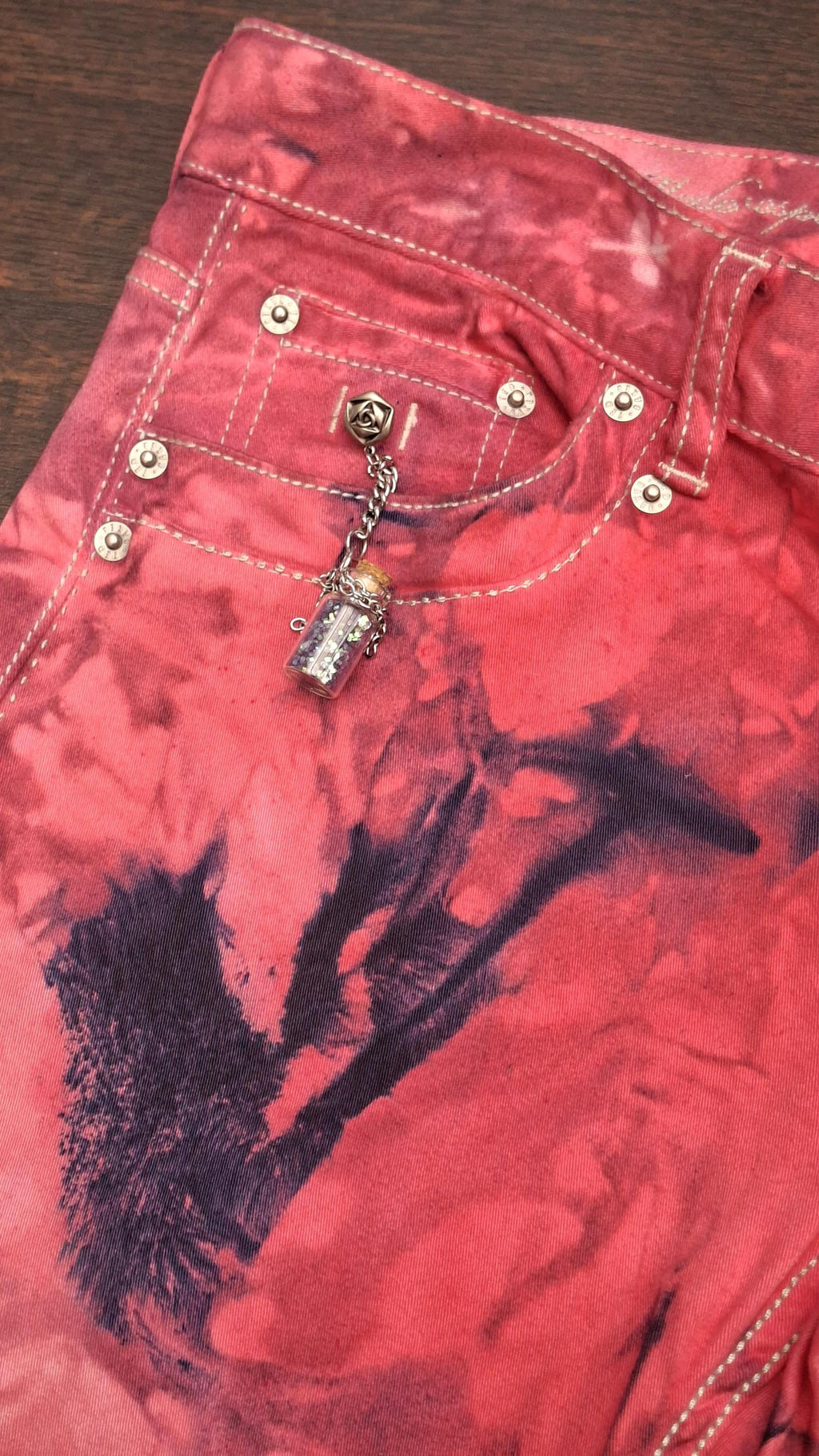 Upcycled Ted Baker Pink Acid Wash Jeans W30 L30 - Gothic Black Cat Patch, Rhinestones, Potion Vial Charm, Ankle Zips, Whimsi goth Alt Denim