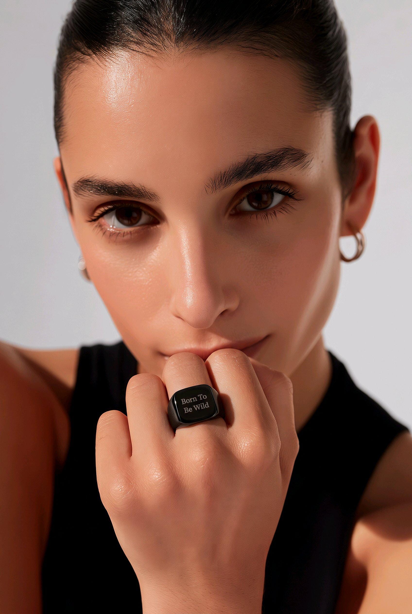 Black Stainless Steel Signet Ring Engraved "Born To Be Wild" | UK Size U | Chunky Gothic Biker Statement Jewelry