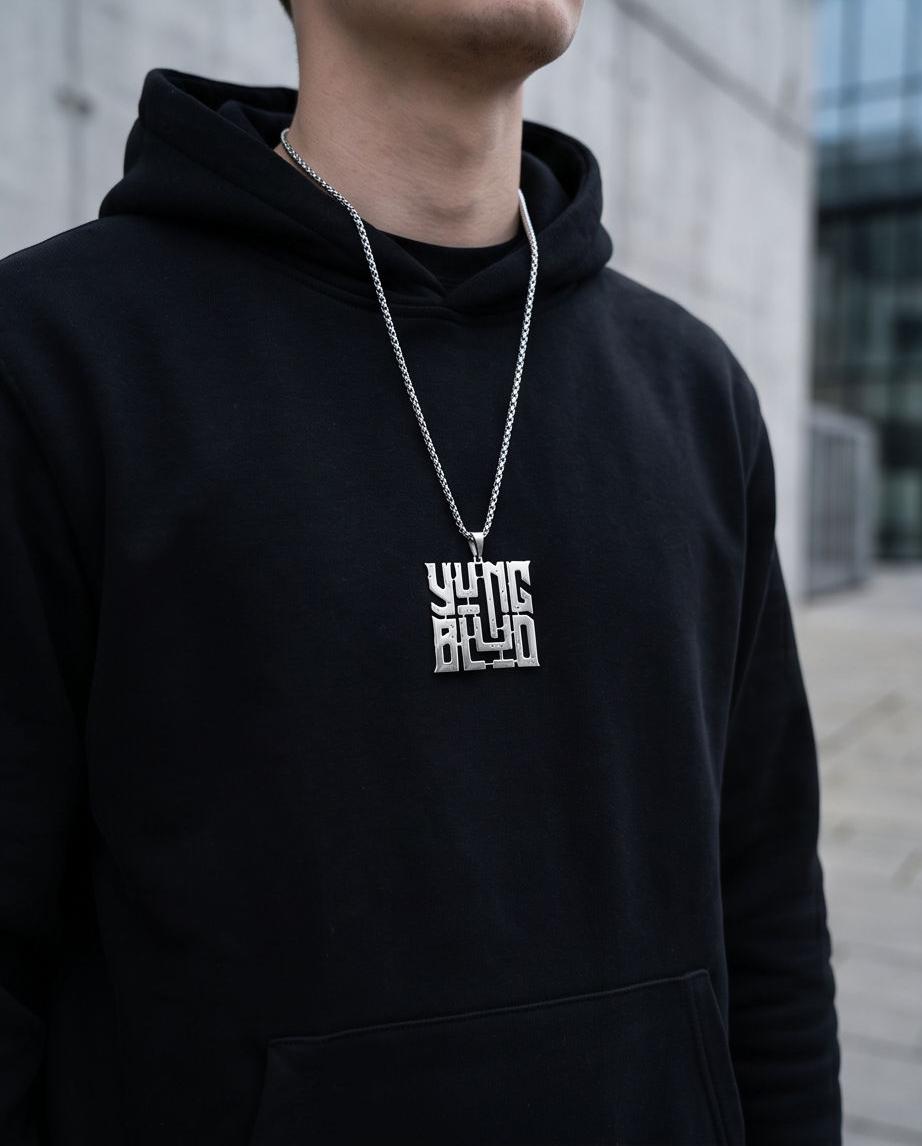 YUNGBLUD Inspired Pendant Necklace, Stainless Steel Punk Rock Jewelry, Square Name Logo & YB Monogram Charm