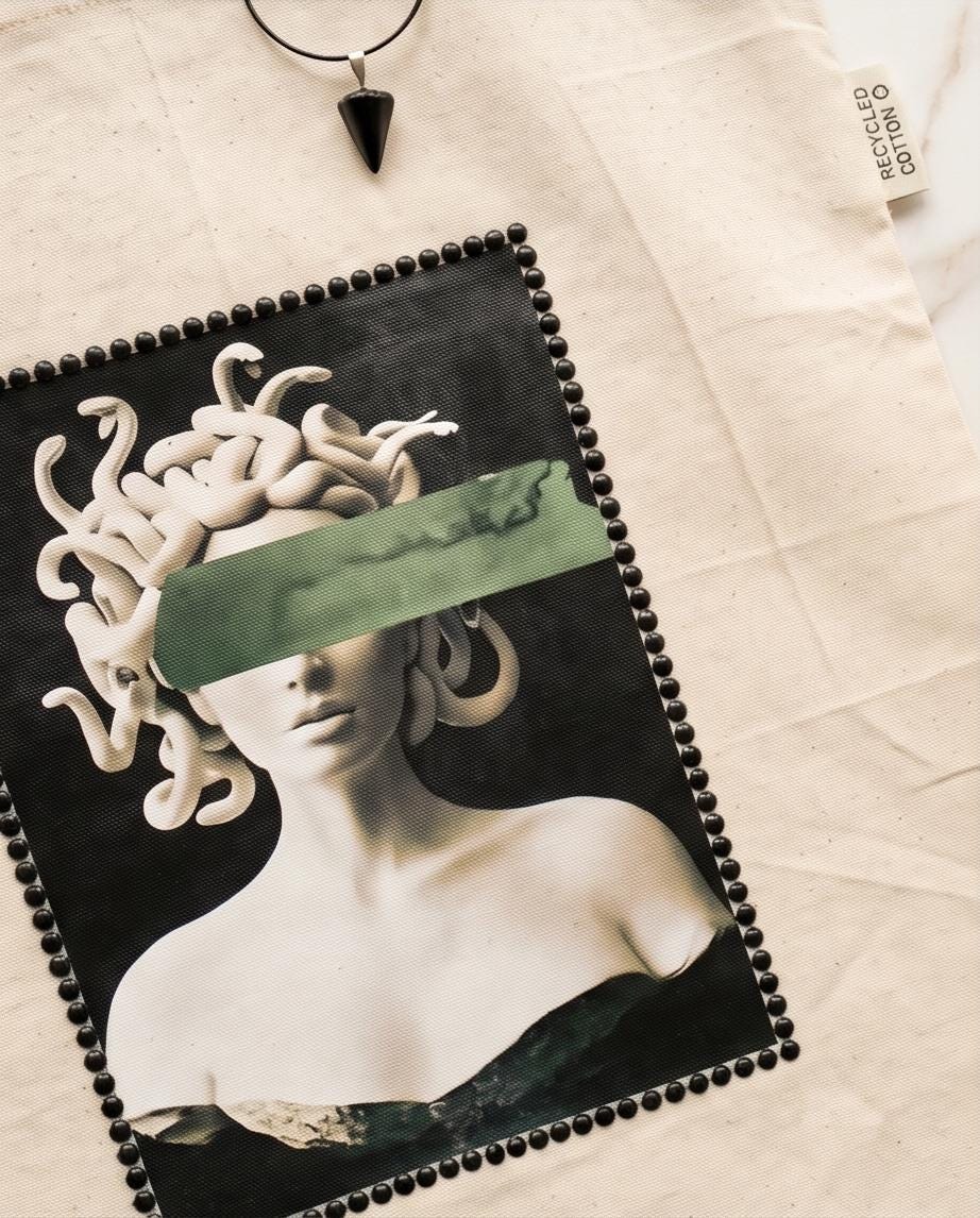 Eco Friendly Canvas Medusa Tote Shoulder Bag With Obsidian Stone 100% Recycled Cotton