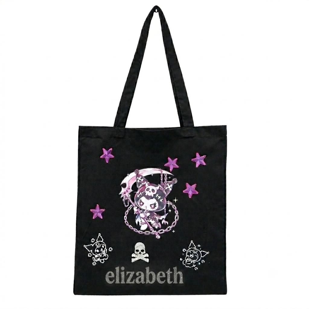 Personalised Black Kuromi Cotton Hand Crafted Tote Bag Hand Painted + Add Name