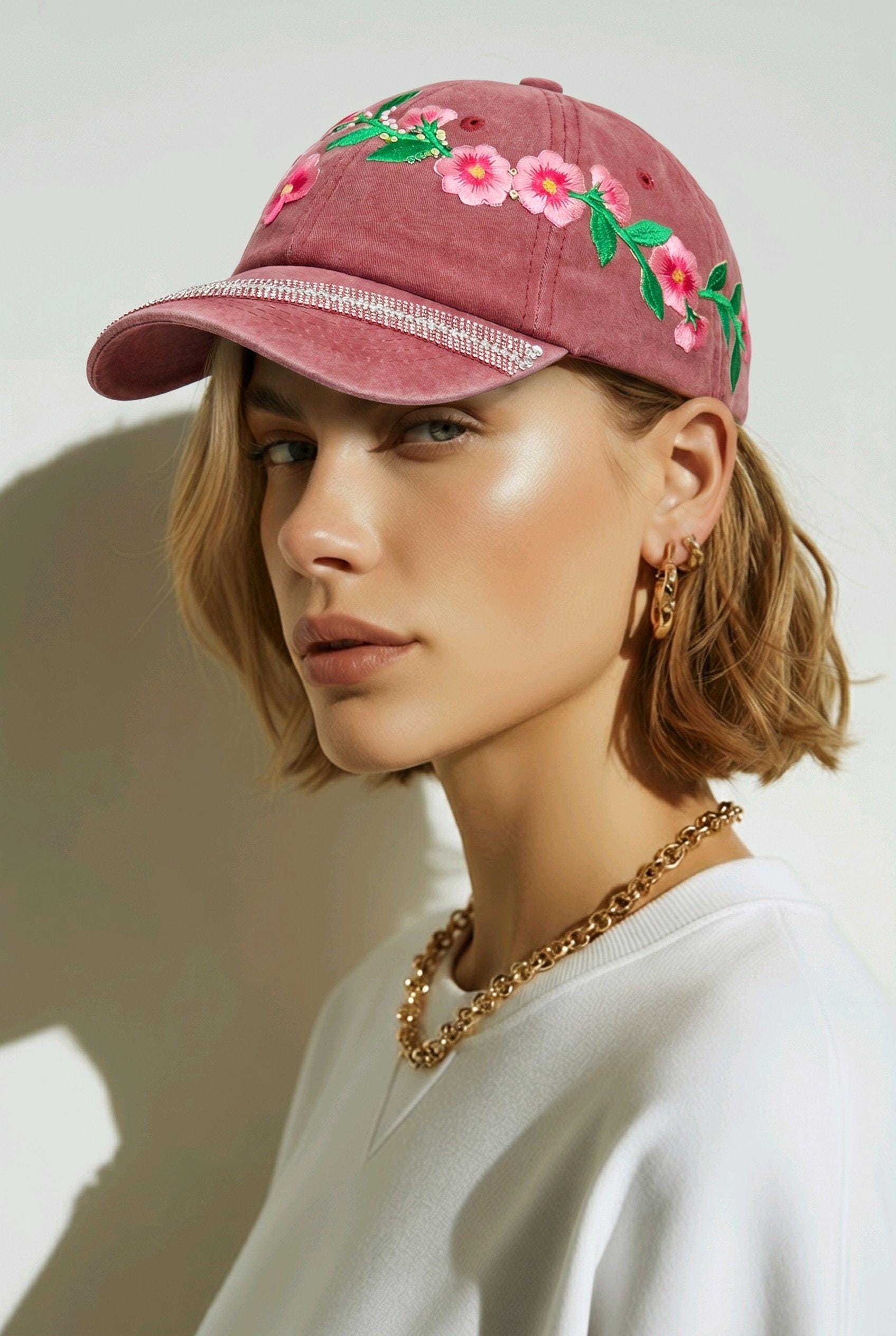 Butterfly & Cherry Blossom Embroidery Patch Cotton Denim Cap | Rhinestone Trim | Rose Berry