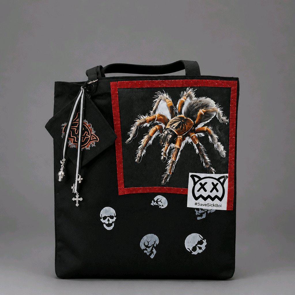 Gothic Tarantula Spider Cotton Tote Bag with Coin Pouch, Skull & Cross Charms, Rhinestone Border, Alternative Alt Fashion Shoulder Bag