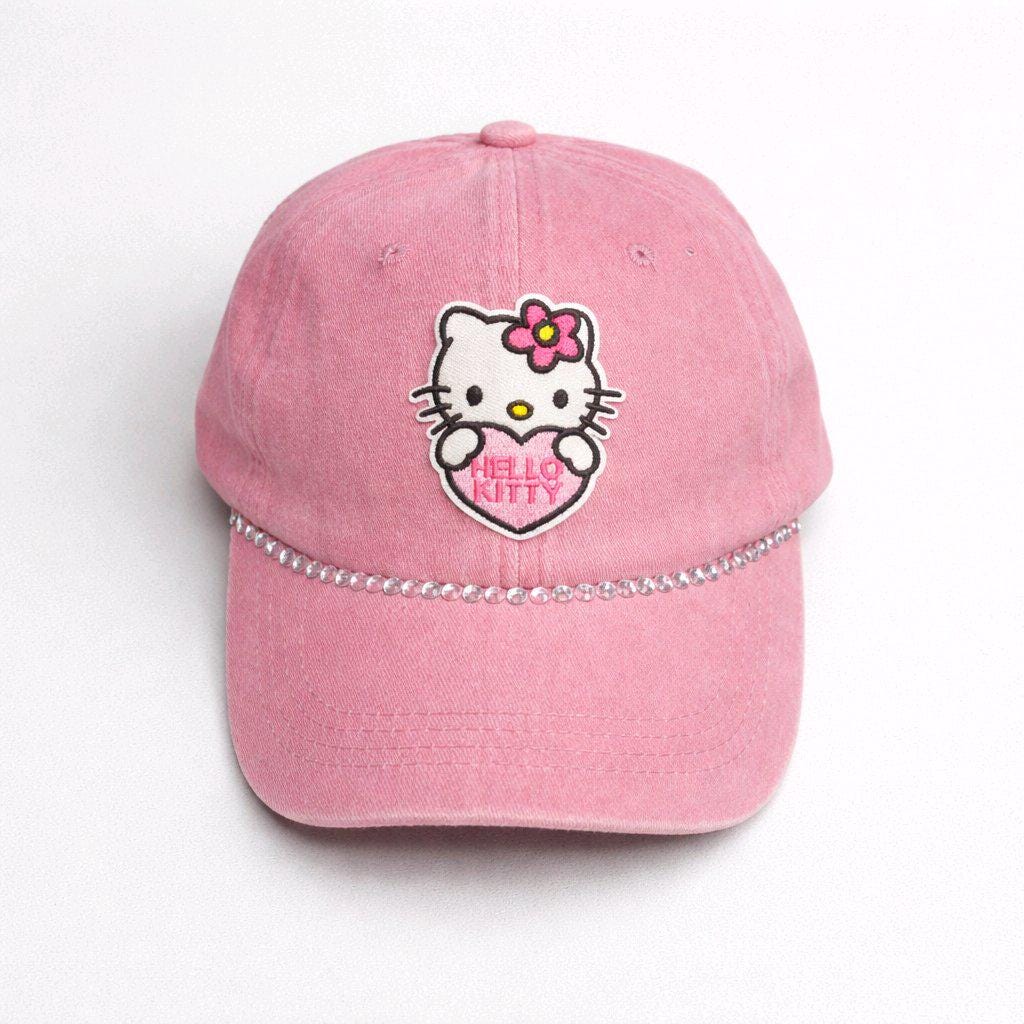 Handcrafted 6 Panel Adjustable Denim Cap with Hello Kitty Patch & Rhinestones