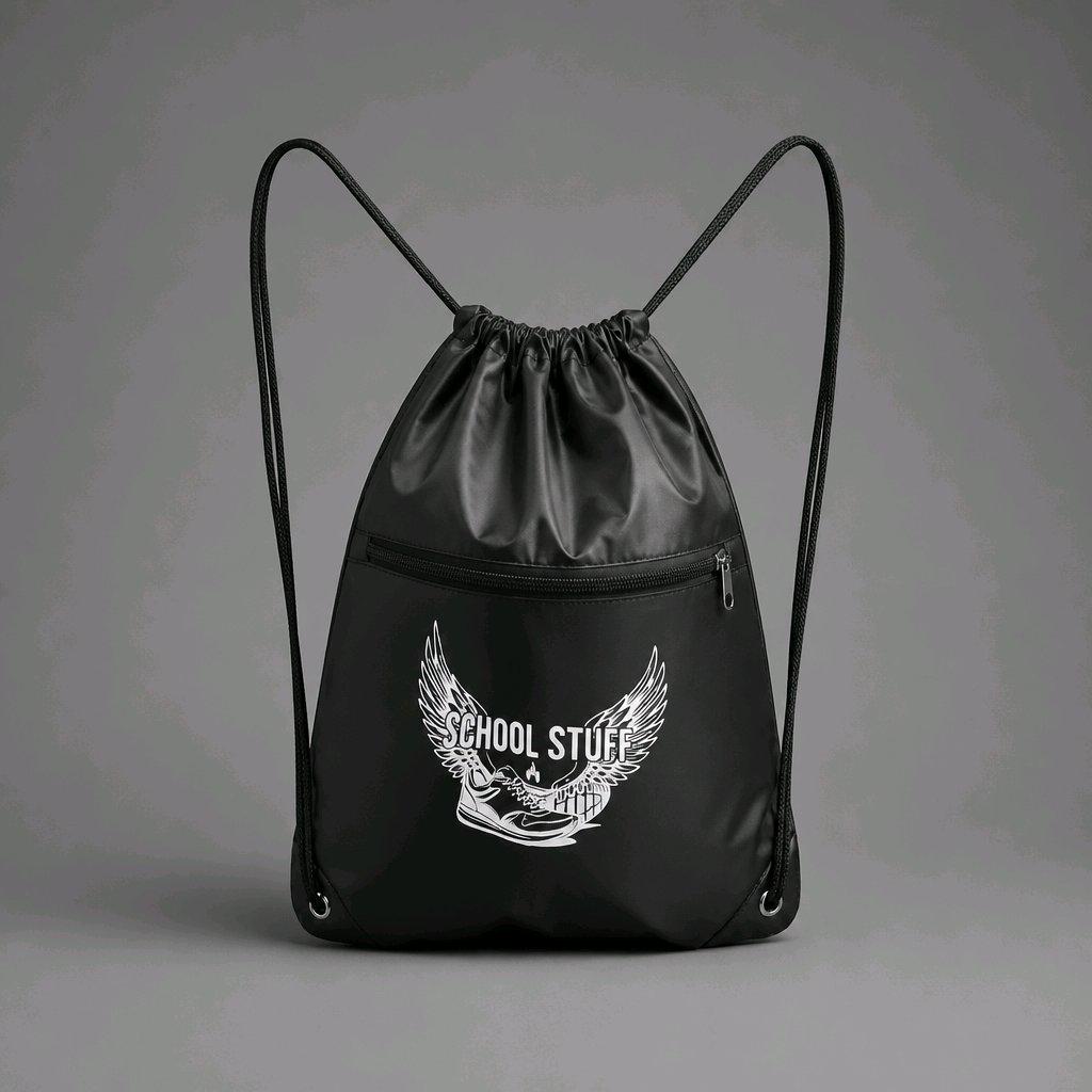 Black Drawstring Bag PE School Stuff Gym Swim Sport Rucksack Backpack Zip Pocket