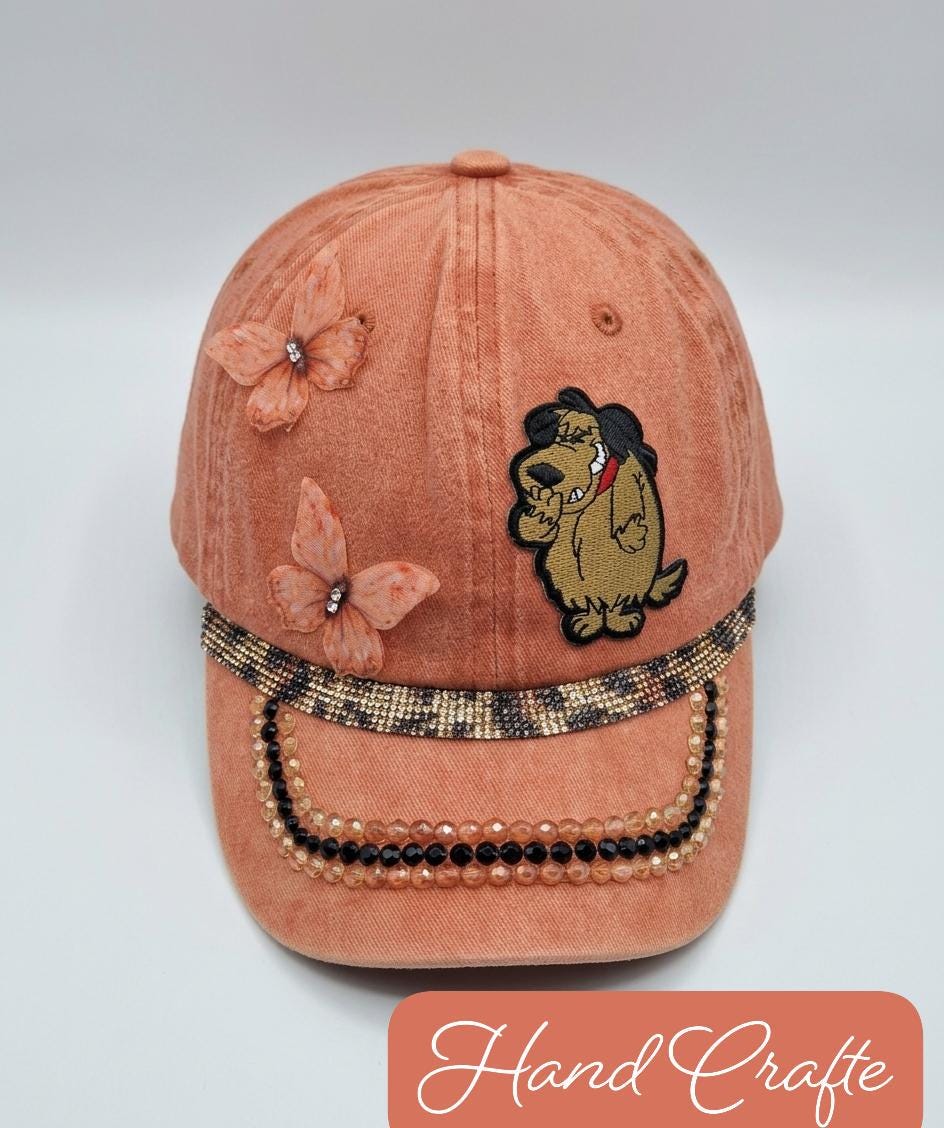 Distressed Orange Denim Baseball Cap – Muttley Hound Dog with 3D Butterflies & Rhinestones