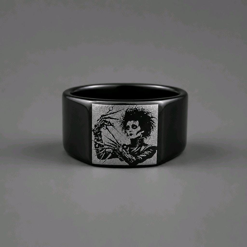 Edward Scissorhands Stainless Steel Signet Ring – Black Gothic Film Jewelry
