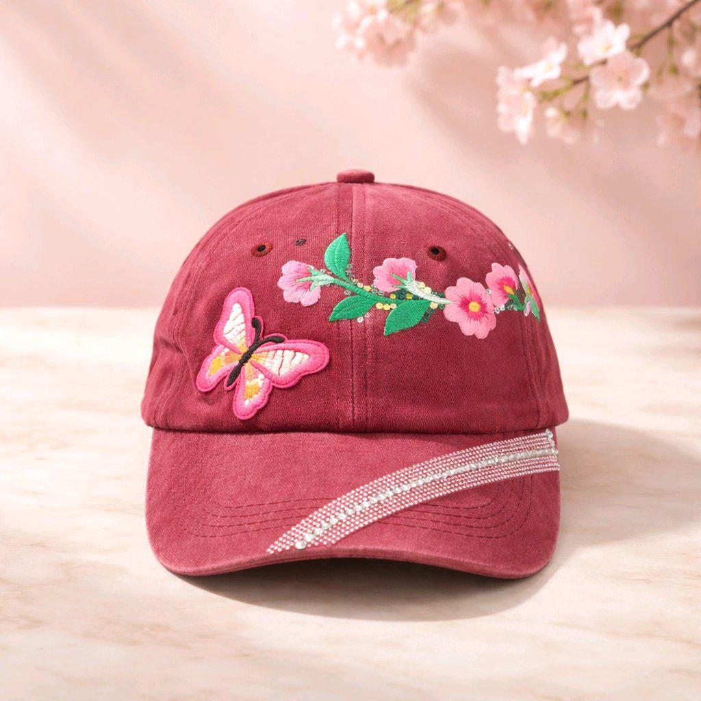 Butterfly & Cherry Blossom Embroidery Patch Cotton Denim Cap | Rhinestone Trim | Rose Berry